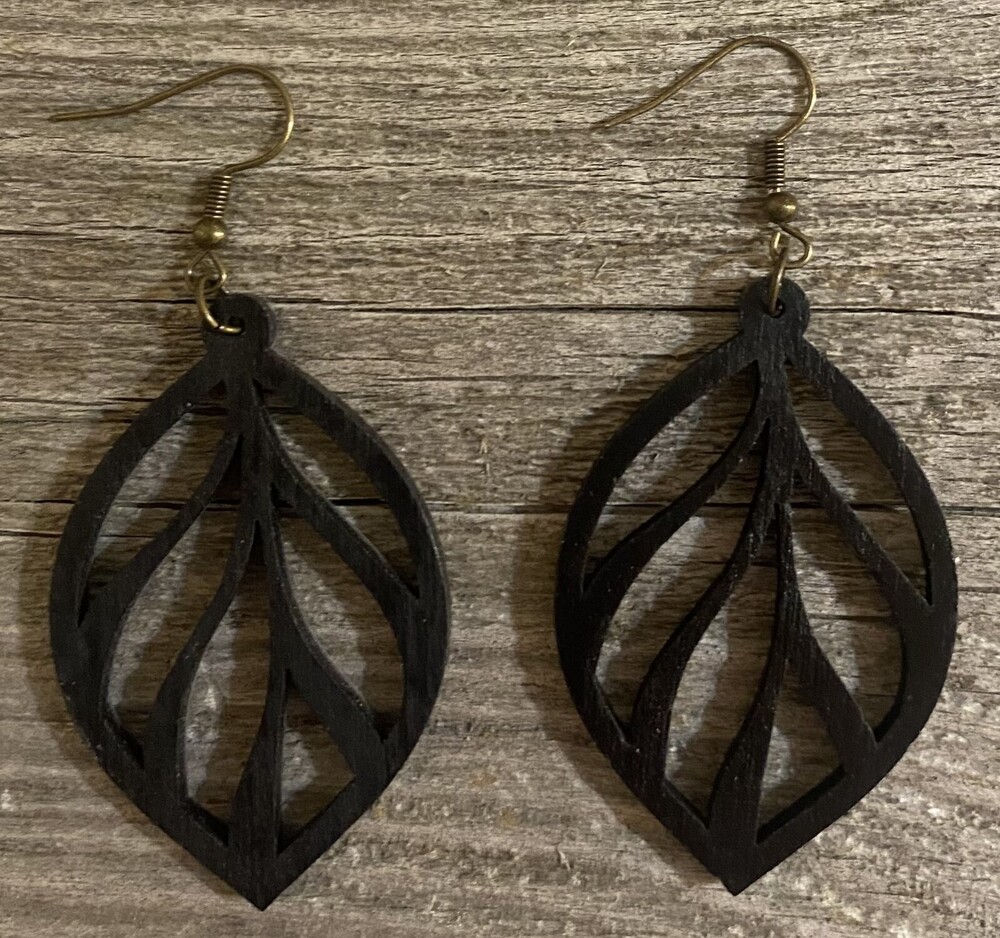 Wood Earrings - 2" x 1.3" - Leaf - Black - E020-44
